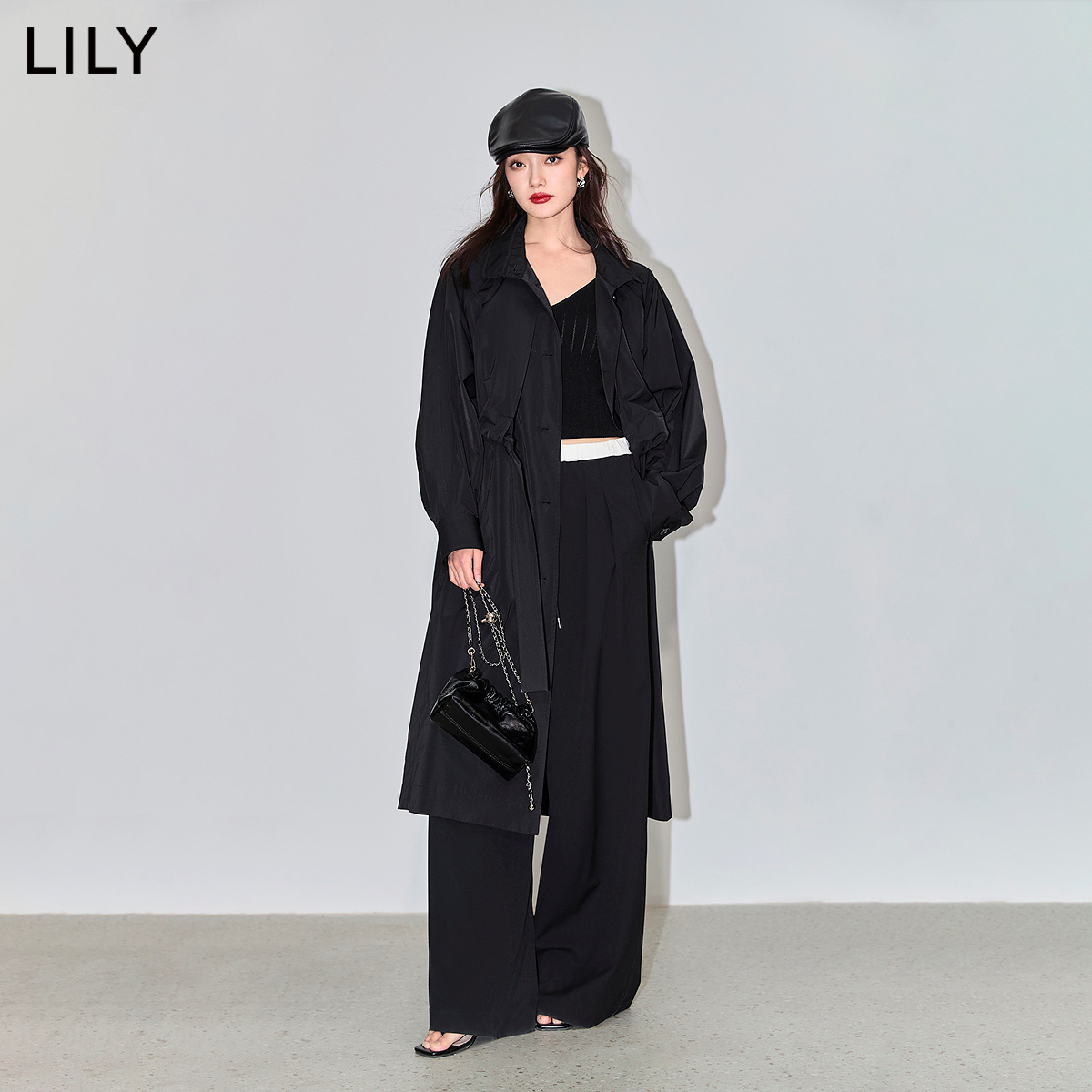 LILY2024春新款女装复古气质通勤款时尚腰带黑色垂感长款风衣外套