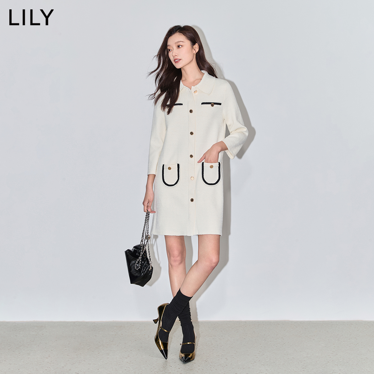 LILY2024春新款女装含绵羊毛复古小香风中长款针织连衣裙小个子女