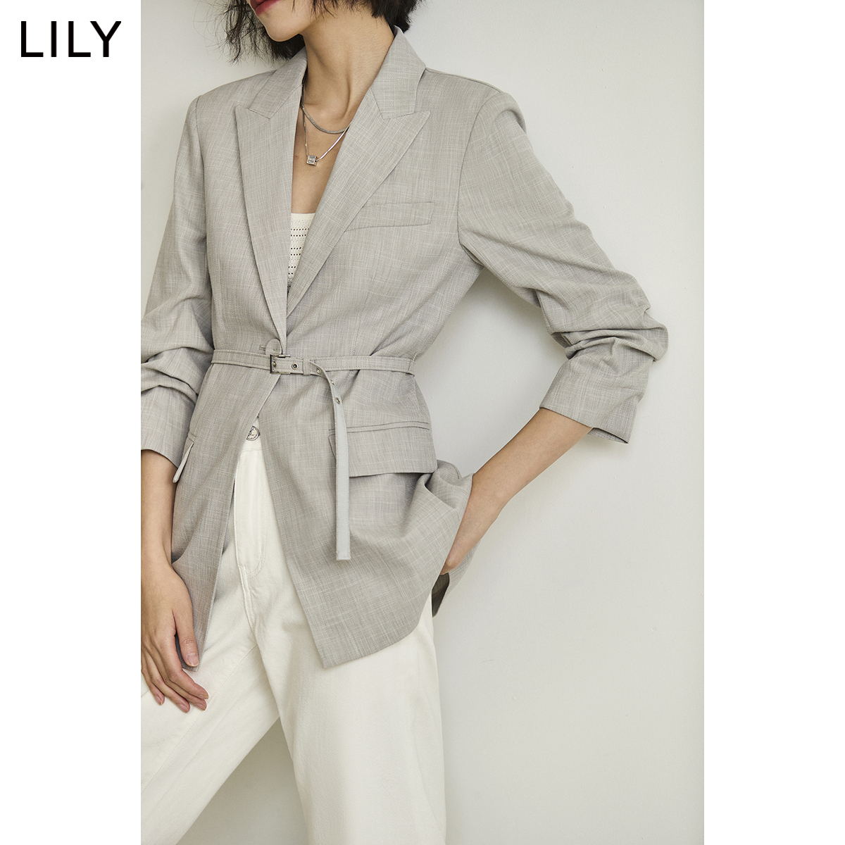 LILY2024春新款女装气质设计感腰带复古纯色通勤款休闲西装外套女