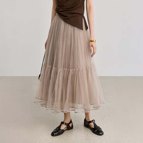 LILY26春夏新款女装不规则压褶宽松休闲轻盈蓬松蛋糕纱裙半身长裙 - 图1