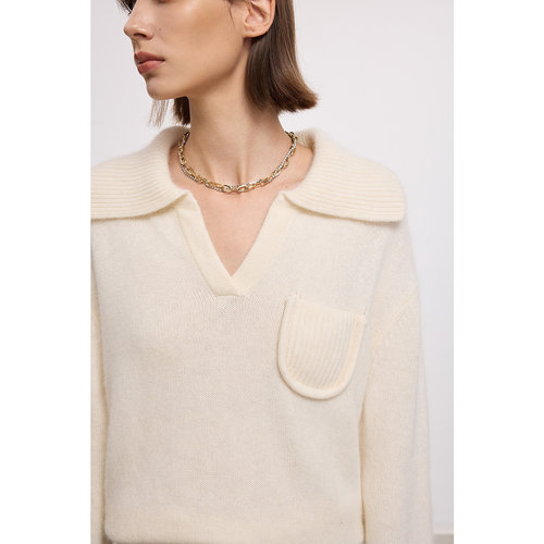 LILY2025冬新款女装含兔毛羊毛松弛感翻领V领气质通勤套头针织衫 - 图0