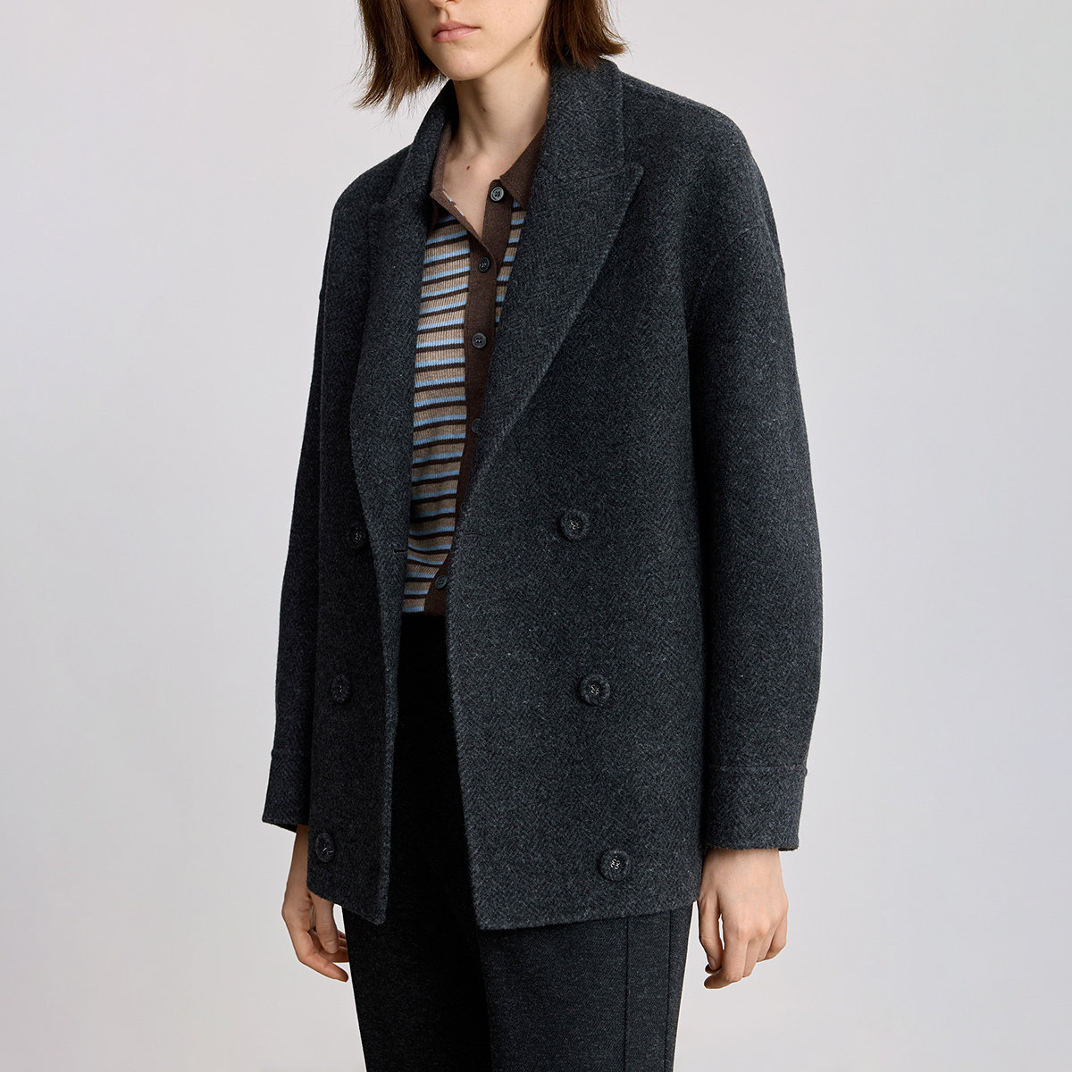 100%羊毛LILY2025冬新款女装老钱风西装领夹花深色双面呢毛呢外套 - 图0