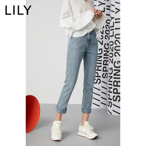 LILY2020春季新款女装白色高腰显瘦修身九分小脚裤直筒牛仔裤