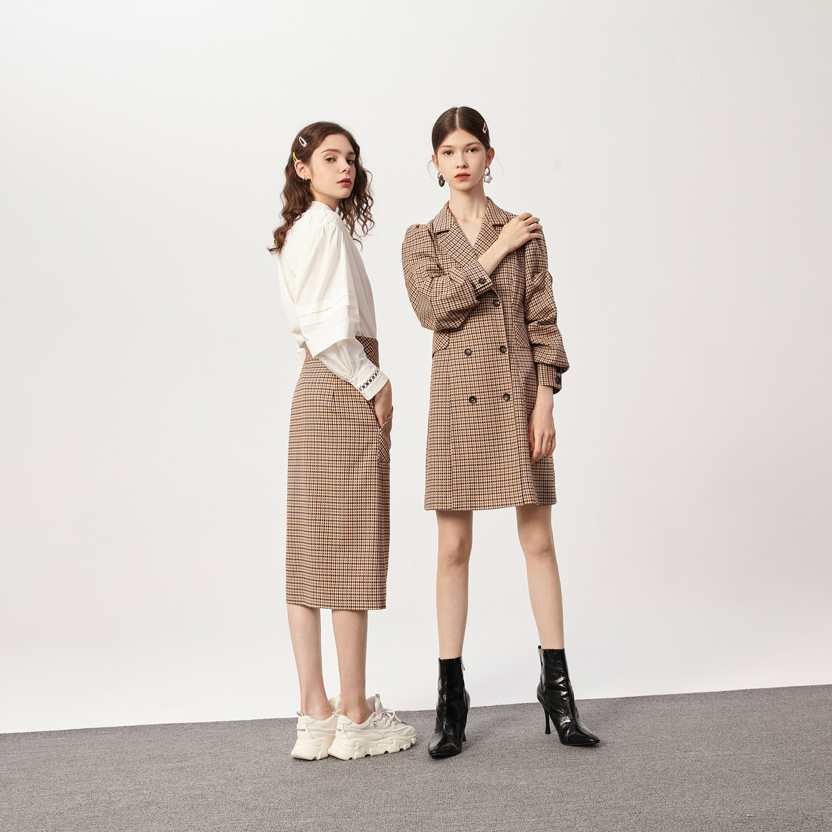 lily官方旗舰店LILY秋季新款女装时髦复古格子高腰显瘦直筒裙开衩中长半身裙1