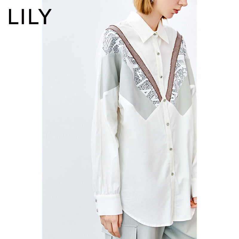 LILY官方旗舰店LILY新款女装气质蕾丝花边拼接宽松休闲蝙蝠袖上衣白色衬衫2