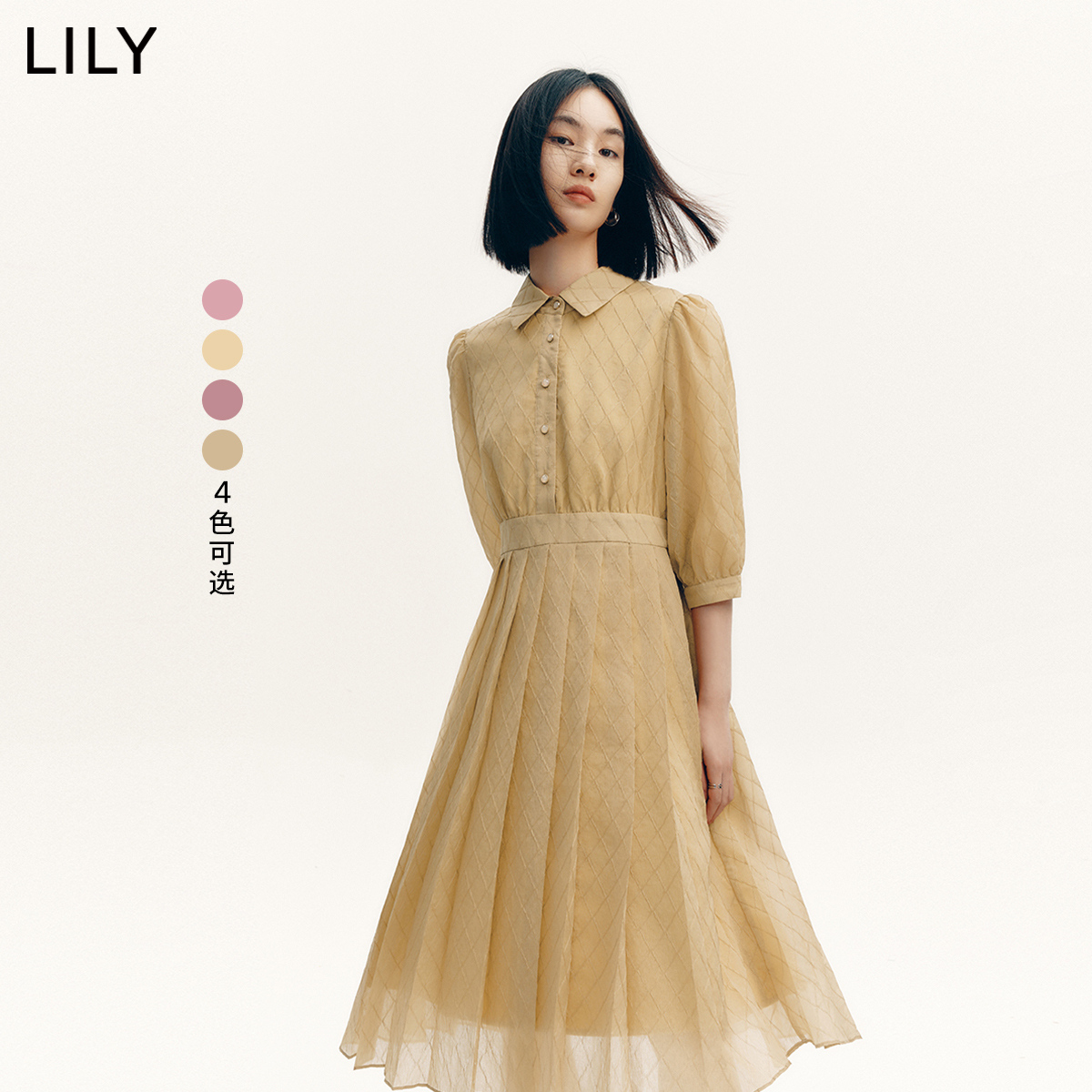 LILY2022秋新款女装优雅别致复古梦幻少女感百褶高腰泡泡袖连衣裙 - 图1