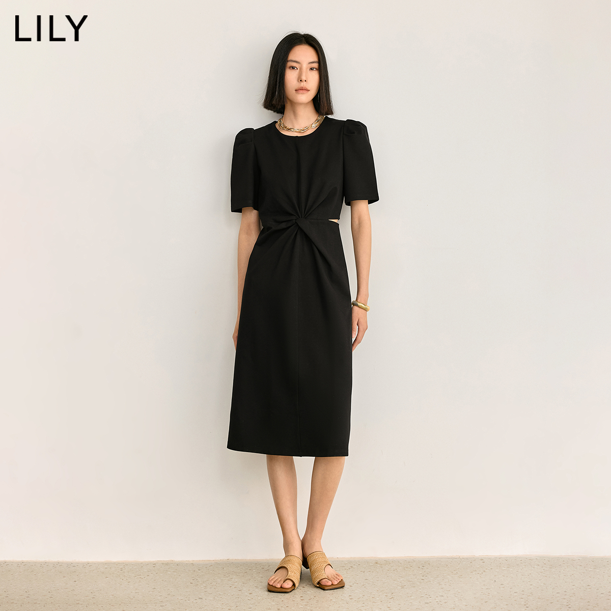 LILY2024夏新款女装别致镂空气质通勤百搭复古泡泡袖连衣裙小黑裙-图0