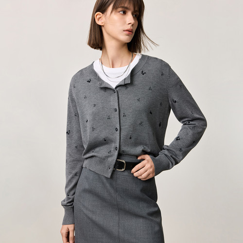 【商场同款】LILY2025新款女装亮片绣花刺绣圆领针织开衫外套女 - 图0