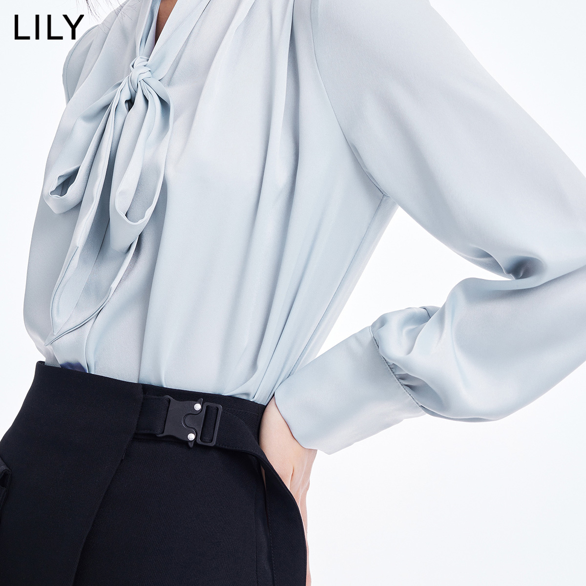 LILY官方旗舰店LILY2022春新款女装优雅别致飘带小众设计感褶皱长袖衬衫内搭上衣2