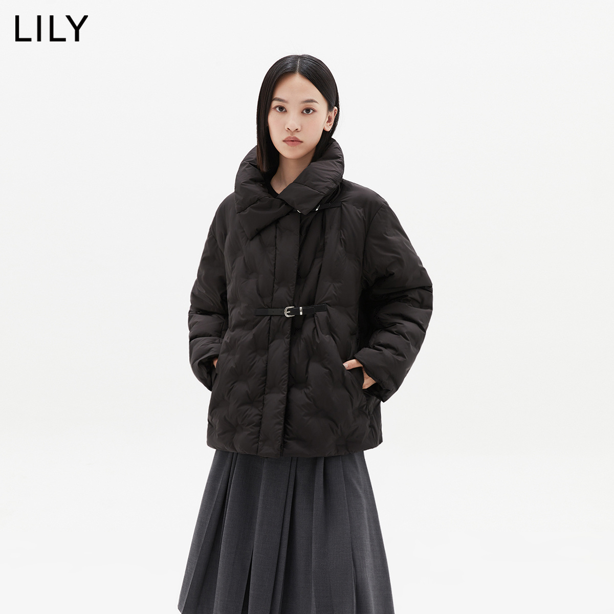 【商场同款】LILY2024春新款女装保暖鹅绒两穿立领通勤羽绒服外套-图0