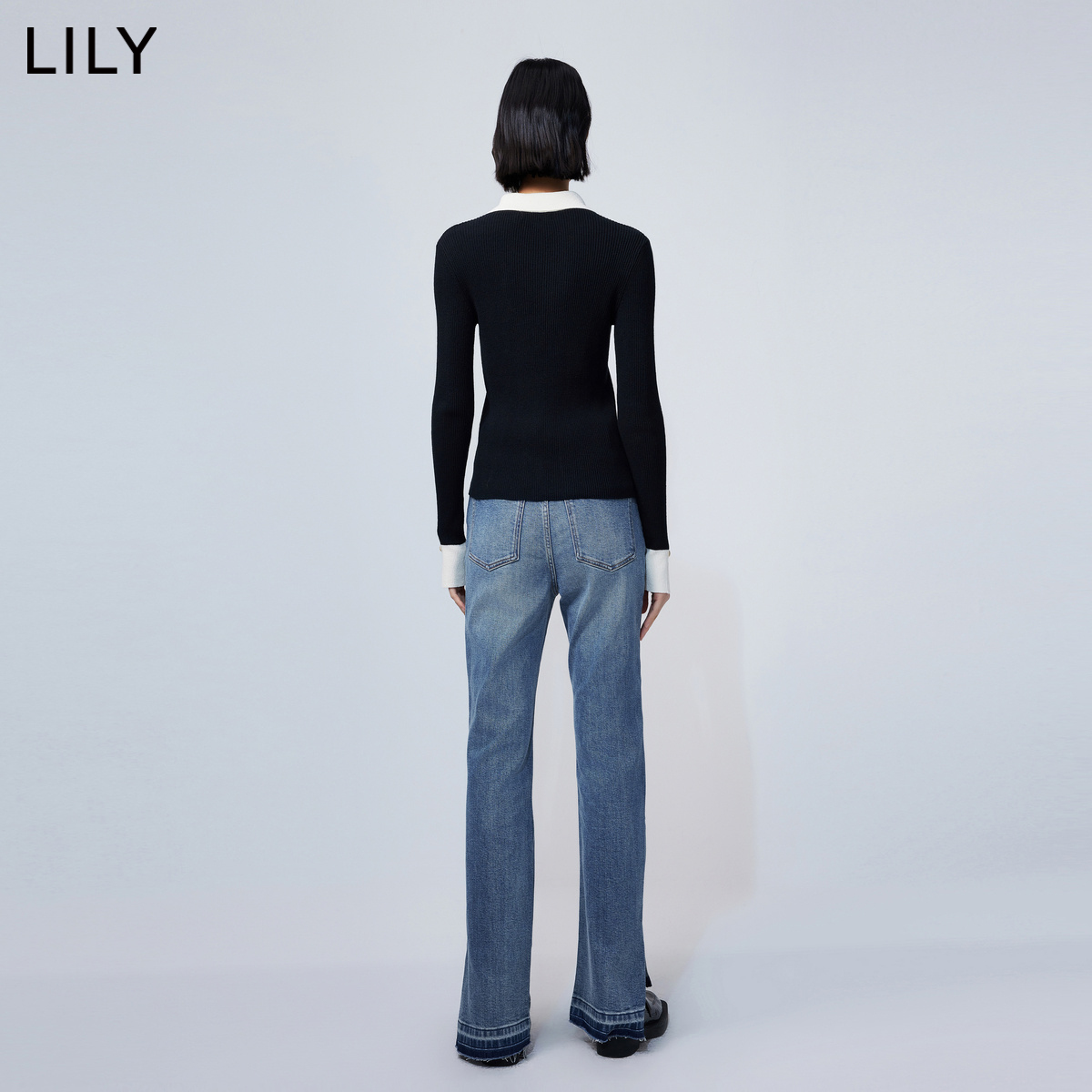 LILY2024春新款女装休闲通勤别致洋气毛边开叉显瘦小直筒牛仔裤女-图2