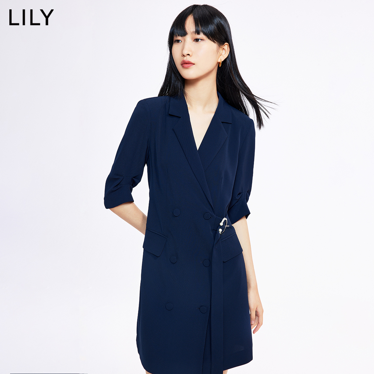 LILY2022夏新款女装气质通勤款时髦纯色小个子中长款西装式连衣裙 - 图1