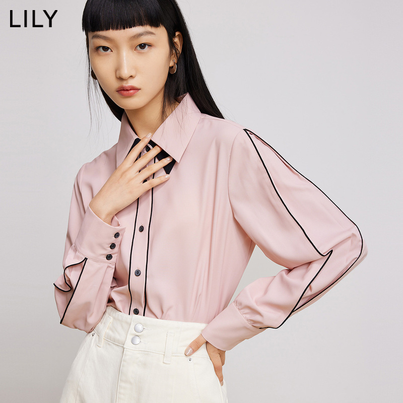 LILY官方旗舰店LILY2022春新款女装设计感撞色假双层领通勤垂感宽松长袖雪纺衬衫1