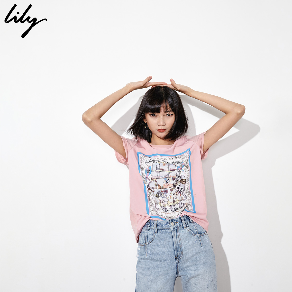 lily官方旗舰店Lily夏季新款女装韩版印花ins潮宽松短袖白色短款打底上衣T恤1