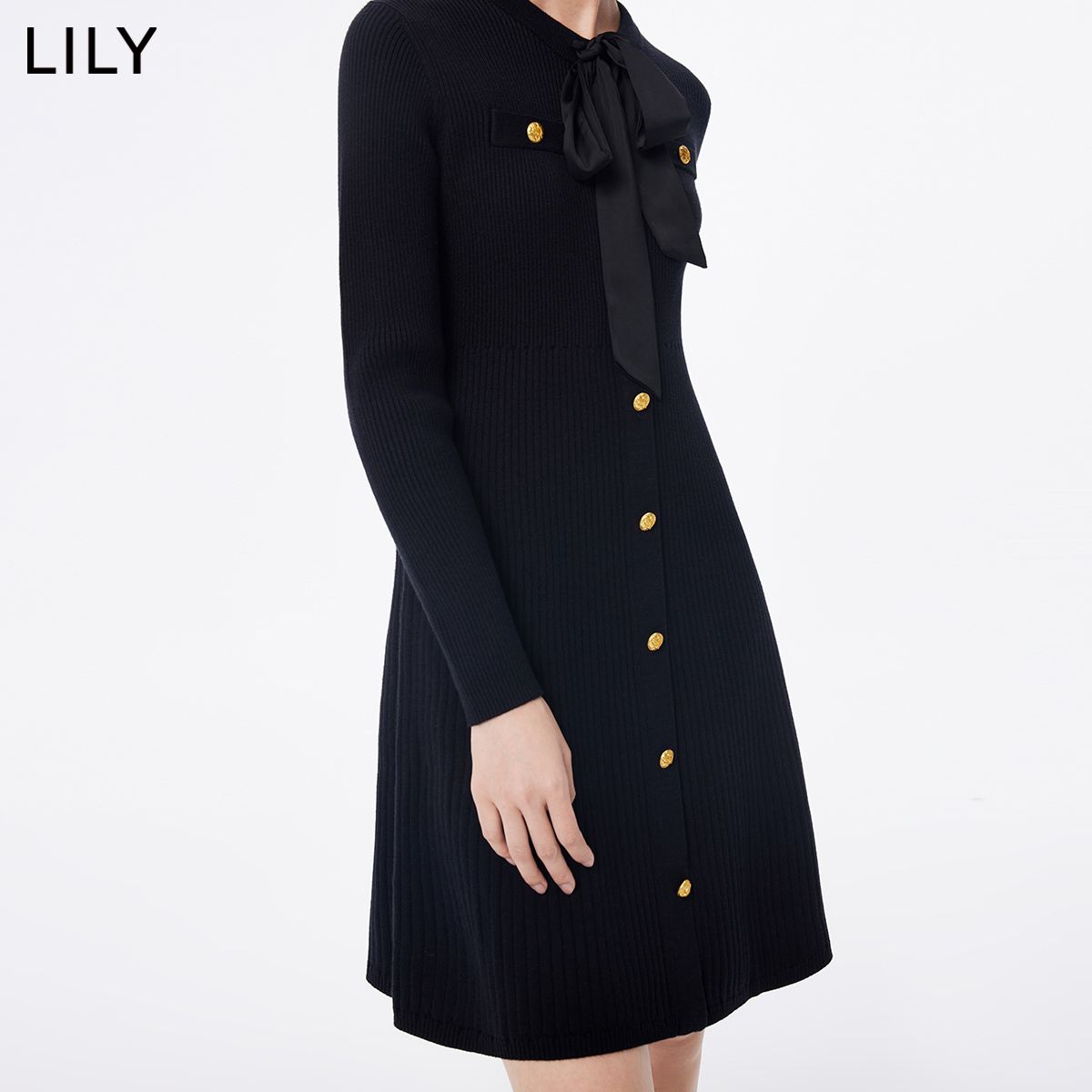 LILY2023冬新款女装气质优雅通勤时尚都市针织连衣裙小黑裙小个子-图1