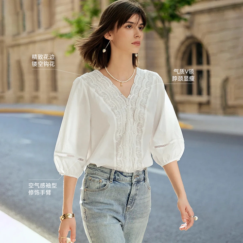 LILY初秋新款女装全棉法式掐腰蕾丝白色上衣泡泡短袖套头雪纺衬衫 - 图0