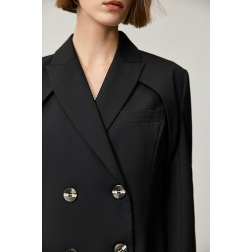 LILY新款女装优雅商务戗驳领双排扣可拆卸风衣式两穿连衣裙 - 图0