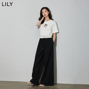 LILY2024春新款女装趣味俏皮印花百搭通勤款舒适圆领短袖T恤上衣