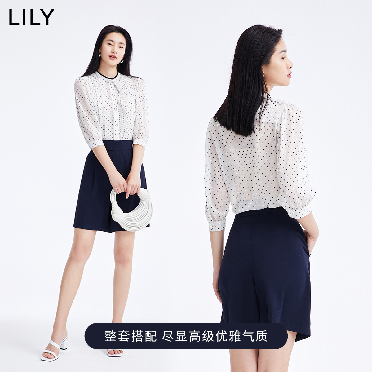 LILY官方旗舰店LILY2022夏新款女装小众复古设计感波点上衣宽松垂感雪纺衫衬衫2