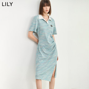 LILY2024夏新款美式通勤设计感收腰薄荷曼波收腰POLO领T恤连衣裙