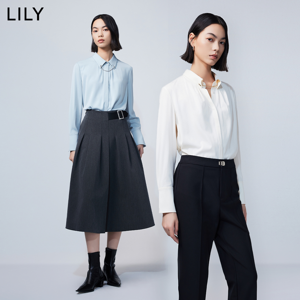 LILY2024春新款女装气质通勤款时尚别致压褶宽松垂坠感长袖衬衫女