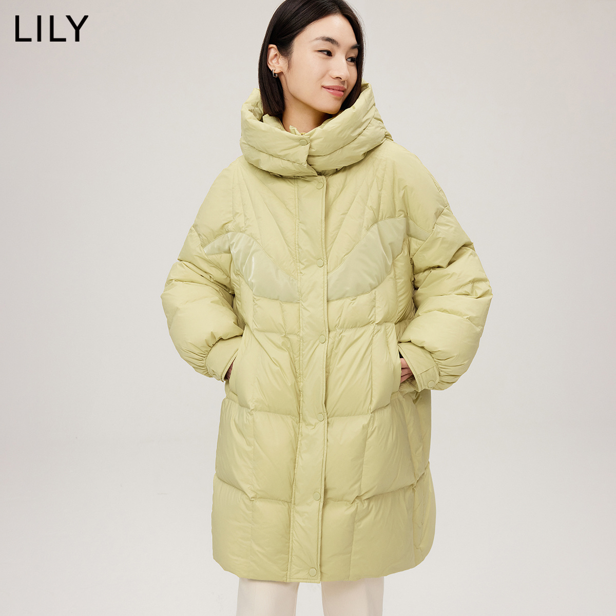 LILY2024春新款女装休闲时尚气质纯色通勤宽松保暖连帽羽绒服外套-图0