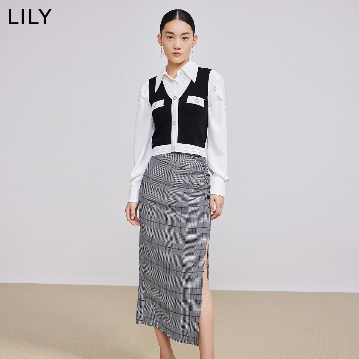 【商场同款】LILY2022春新款女装复古千鸟格高腰抽绳开叉高腰半裙 - 图1