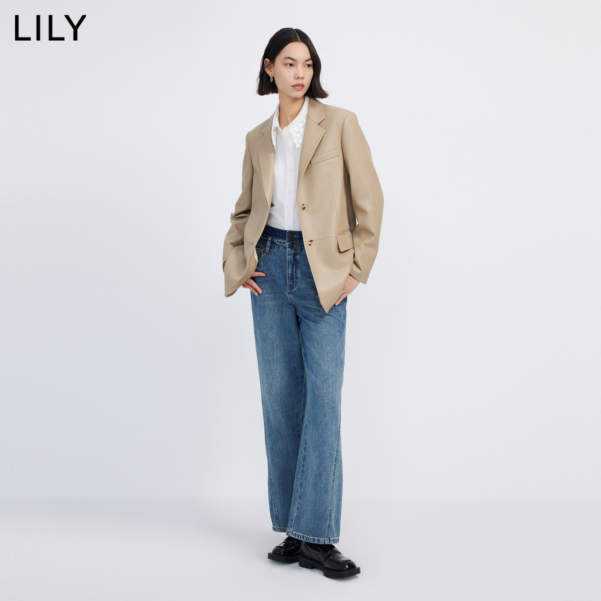 LILY2024春新款女装商务通勤气质时尚复古单排扣休闲PU皮西装外套 - 图0