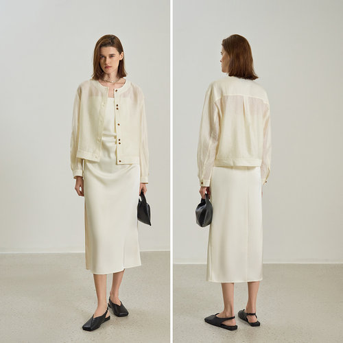 LILY2025新款女装含莱赛尔亚麻宽松休闲圆领轻薄米白色外套短款 - 图3