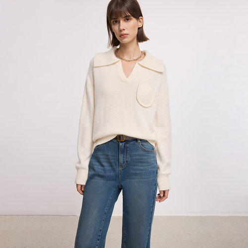 LILY2025冬新款女装含兔毛羊毛松弛感翻领V领气质通勤套头针织衫 - 图1