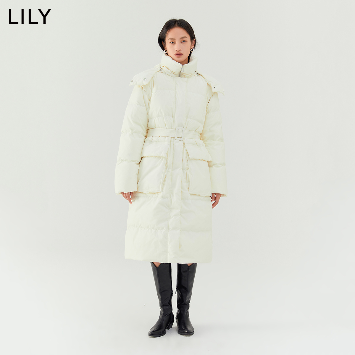 【商场同款】LILY2022冬新款女装保暖鹅绒时尚腰带连帽长款羽绒服-图1