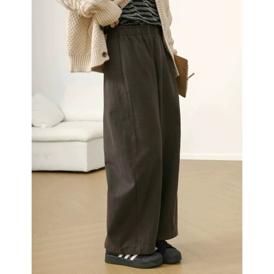American retro brown casual pants for women in autumn and winter plus velvet high waist loose slimming straight pants elastic wide leg scimitar pants