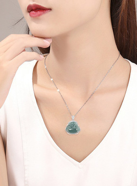 天然a货翡翠油青玉佛弥勒佛吊坠S925纯银项链糯冰种玉石挂件女款