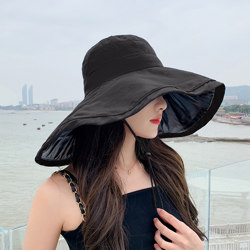 日本Rosex夏天遮阳超大帽檐黑胶渔夫帽子女防紫外线防晒遮脸轻薄-图0