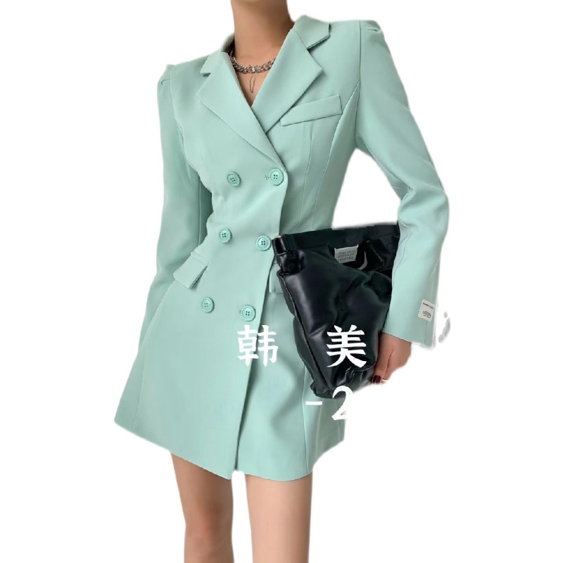 韩美2023春装新款女装泡泡袖西装连衣裙OL气质收腰显瘦长袖裙子-图3