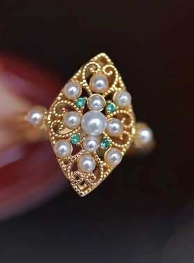 小众雕刻镂空蕾丝珍珠祖母绿复古可调节戒指秋冬轻奢精致优雅饰品