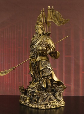 纯黄铜飞龙关公站像摆件