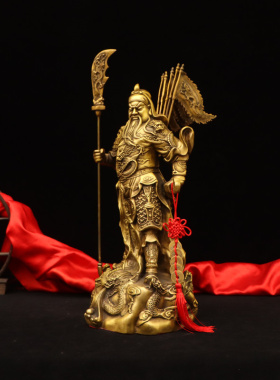 纯铜九龙关公摆件关羽关二爷佛像立竖刀插令旗家用客厅供奉武财神