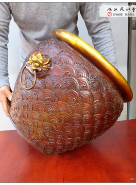 缸纯铜传统家用大铜缸狮头铜缸办公室工艺品黄铜狮耳缸摆件
