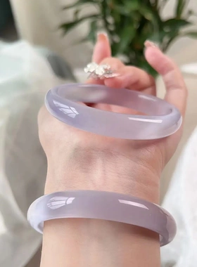 高级感紫月光猫眼石手镯白粉冰透玉髓浅紫色香槟金扁圆高冷小众饰