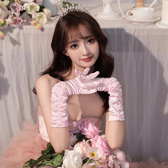 法式复古缎面长手套粉色公主生日礼服袖套手臂装饰绸缎手袖高级感