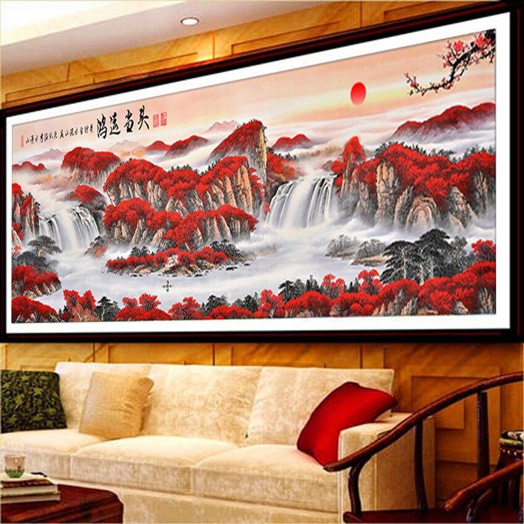 鸿运当头钻石画十字绣成品纯手工满钻新款客厅办公室山水风景挂画_虎窝淘