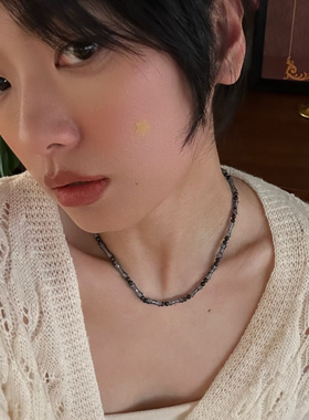 734钛钢水墨贝壳串珠拼接锁骨链竹节新中式小众设计黑色项链