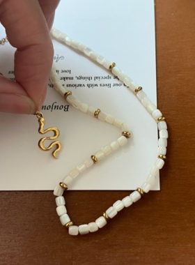 可洗澡项链钛钢镀金白贝母