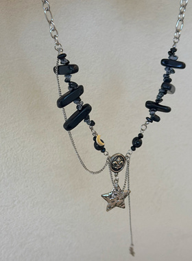 734钛钢甜酷风星球五角星黑色圆珠双层叠戴锁骨链朋克夸张项链