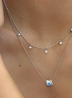 734钛钢不掉色双层白金色可洗澡猫咪项链百搭可爱锁骨链