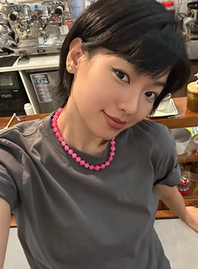 734夸张毛衣链复古玫红色串珠项链高级感精致轻奢简约粉紫锁骨链