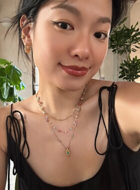 734钛钢多层叠搭彩色锁骨项链多巴胺度假金色项链