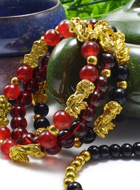 仿金珠貔貅手链六字箴言黑曜石珠