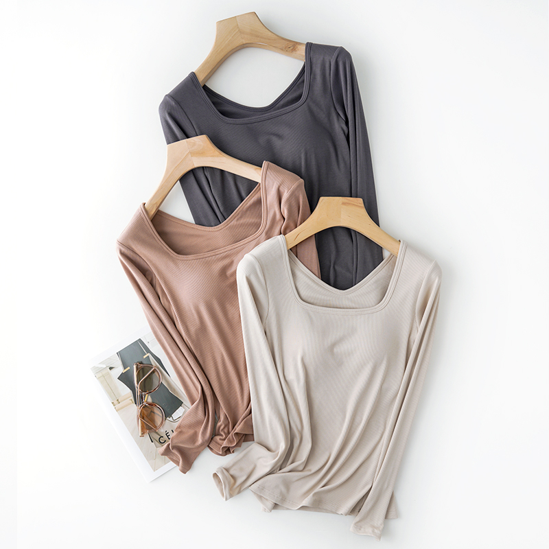 带胸垫秋衣女内穿保暖衣打底衫内衣女薄款内搭单件方领上衣可外穿 - 图1